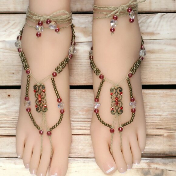 NEW  Red, Gold, and Crystal Barefoot Sandals. - Picture 2 of 6